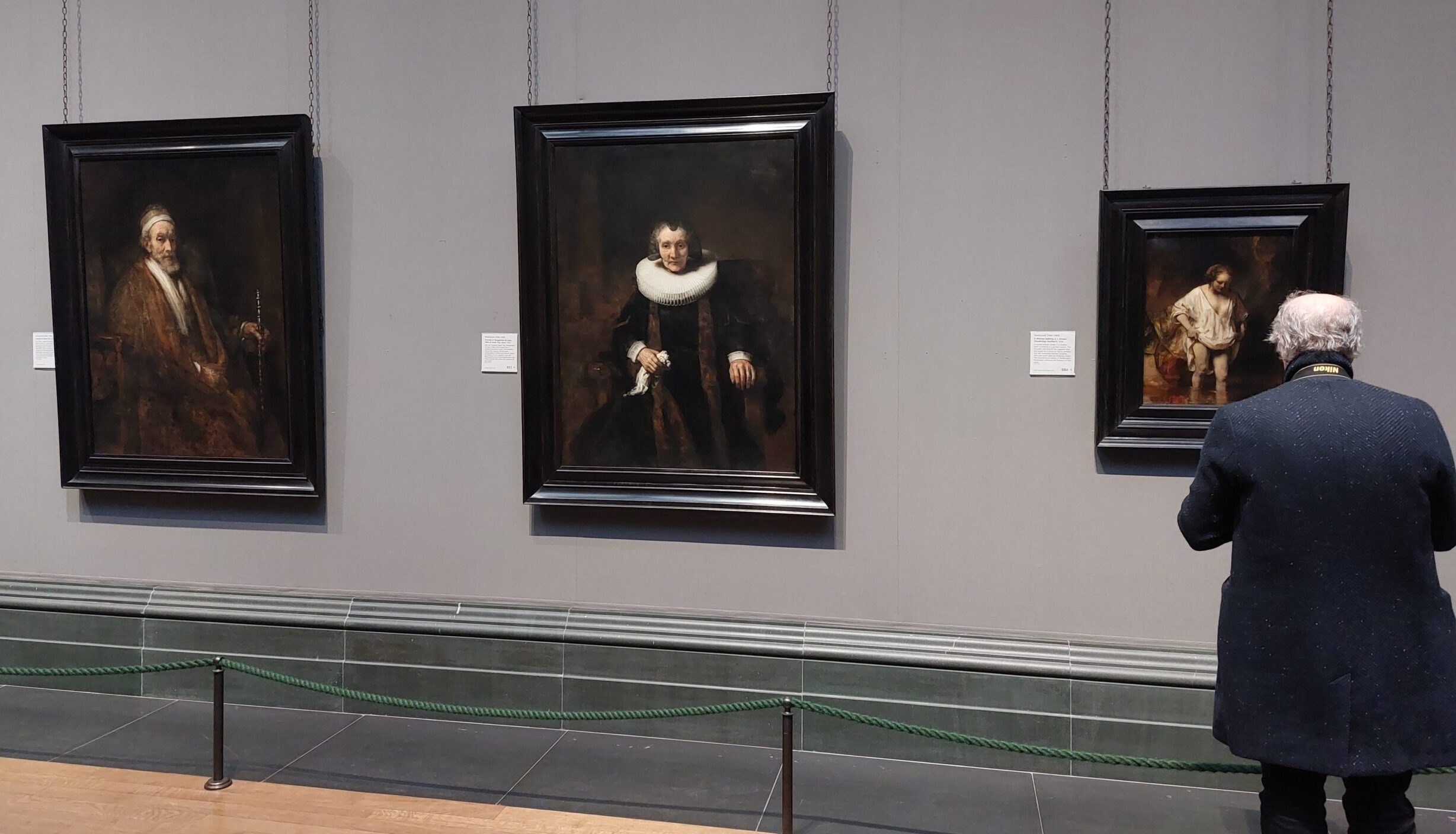 una visitatore fissa un quadro alla National Gallery di Londra